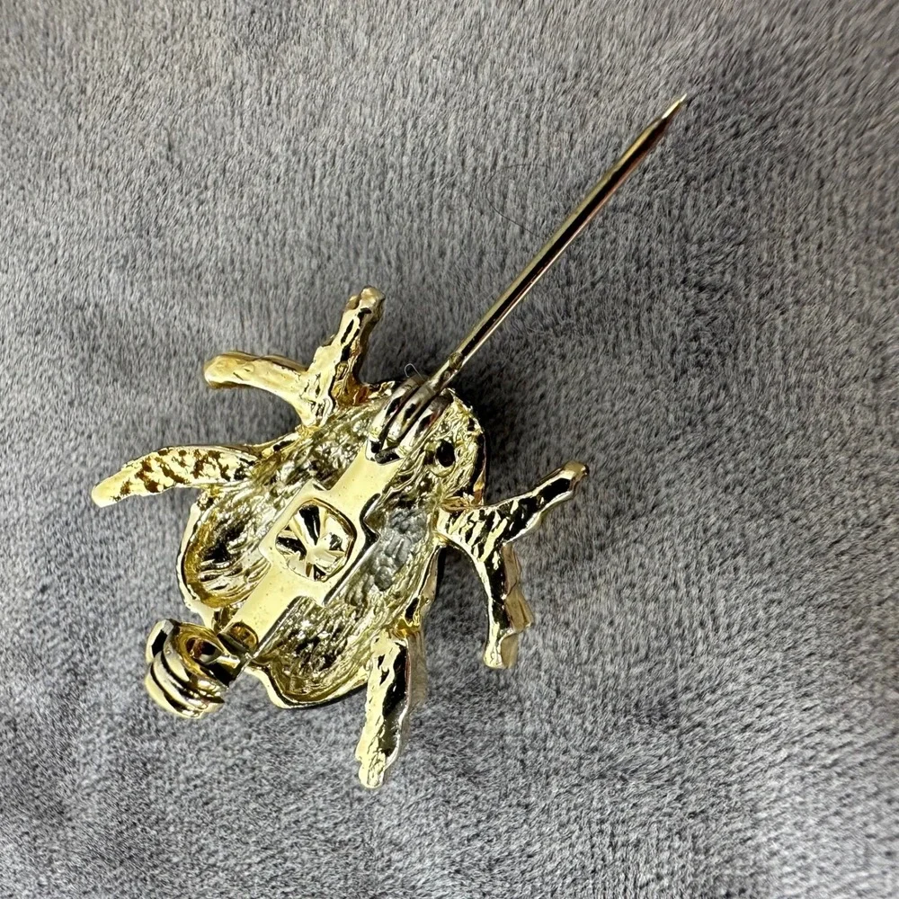 Ladybug Beetle Brooch‎ Black Enamel Red Polka Dot Green Eyes Gold Tone Vintage
